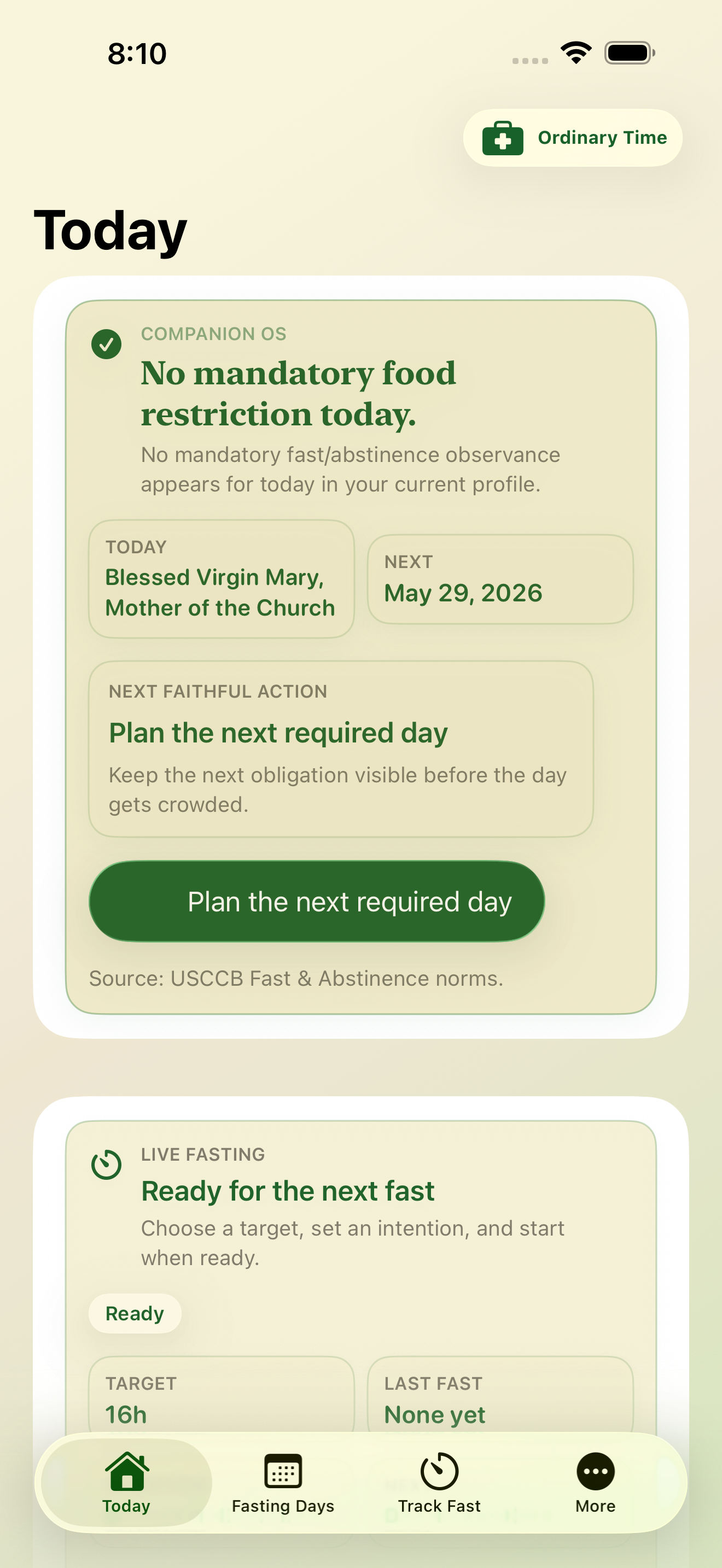 Complete Catholic Fasting Today screen showing a sample U.S. profile.