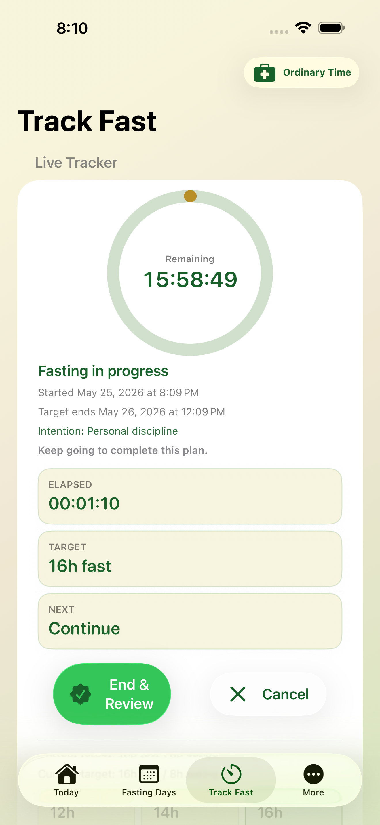 Complete Catholic Fasting Track Fast screen showing a sample personal fast.