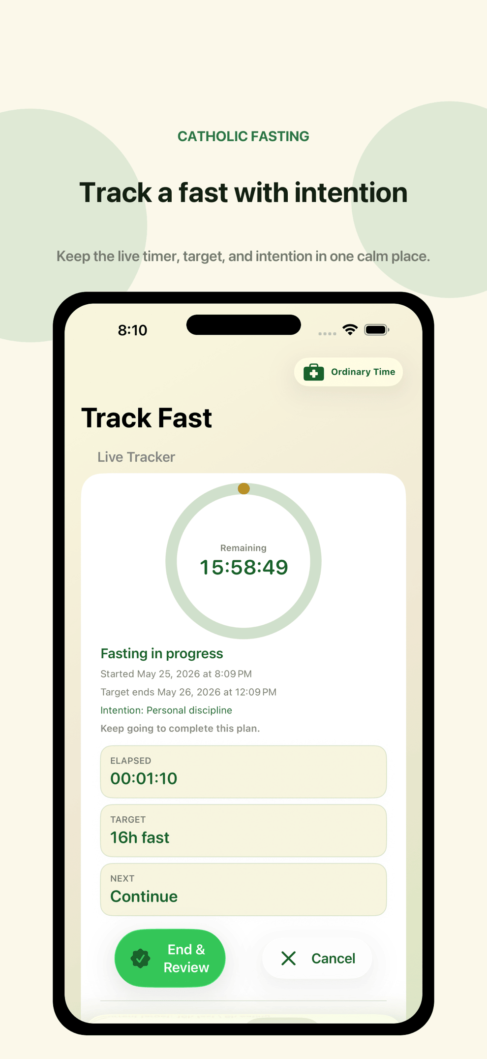 Catholic Fasting live tracker showing a fast in progress, its target, and intention